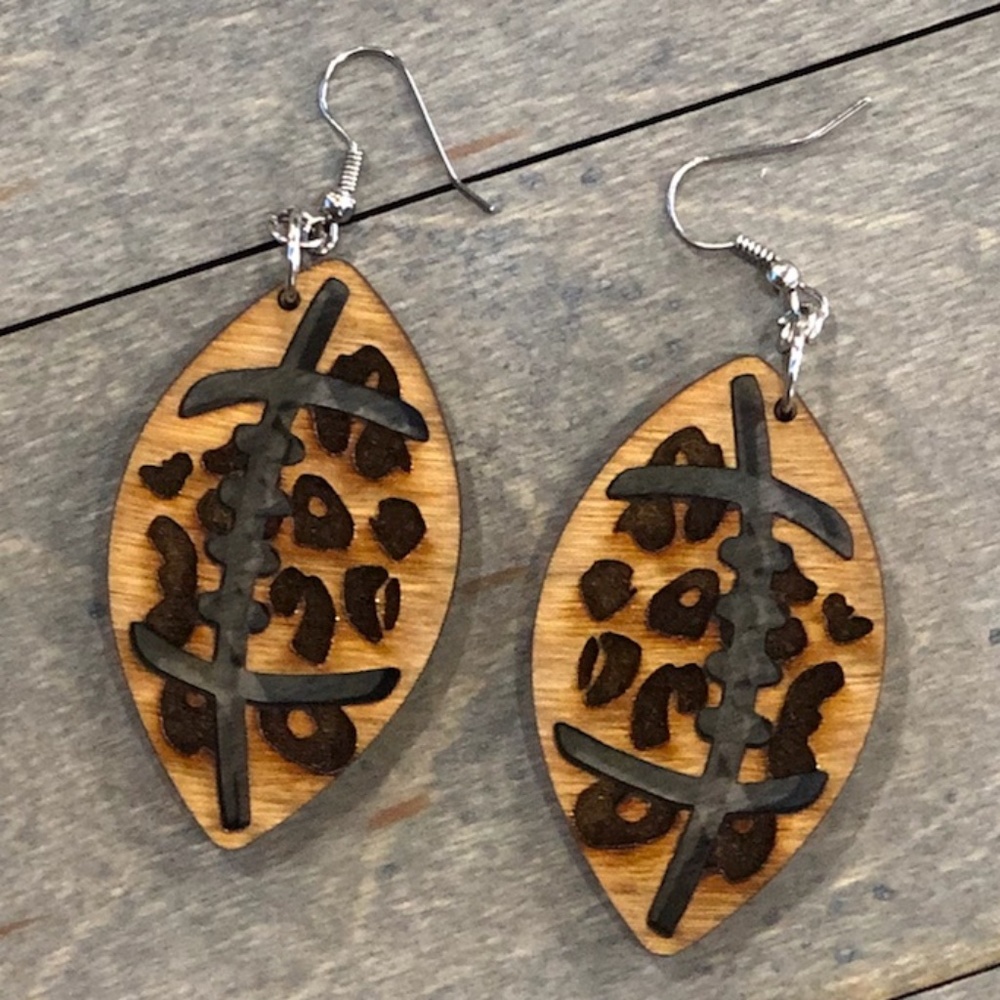 Oak Stained Football with engraved leopard pattern wood earrings